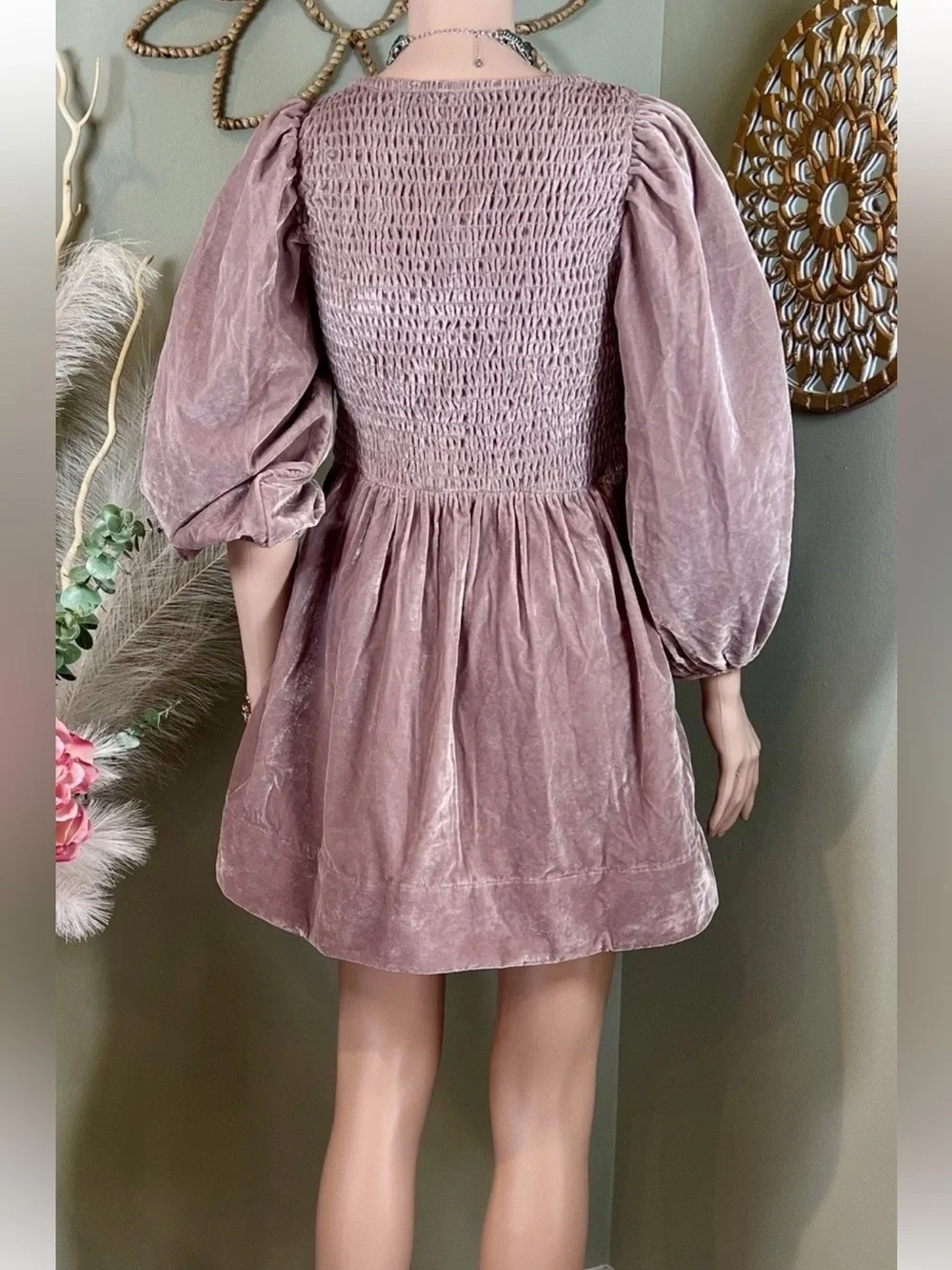 NWT Free People Farrier Velvet Smocked Mini Dress Pink/Mauve XS